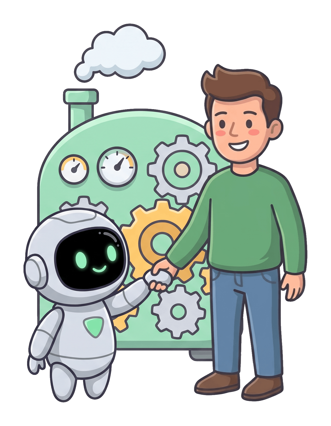The man and the robot shaking hands in front of a machine full of cogs.