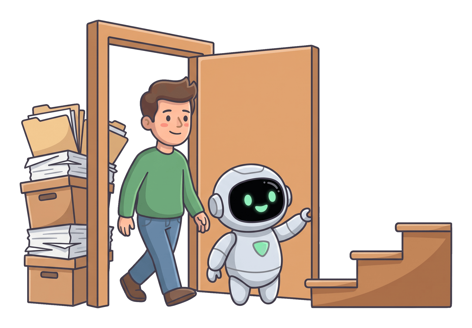The man stepping out from behind a pile of paperwork, the robot holding the door, both looking ahead.