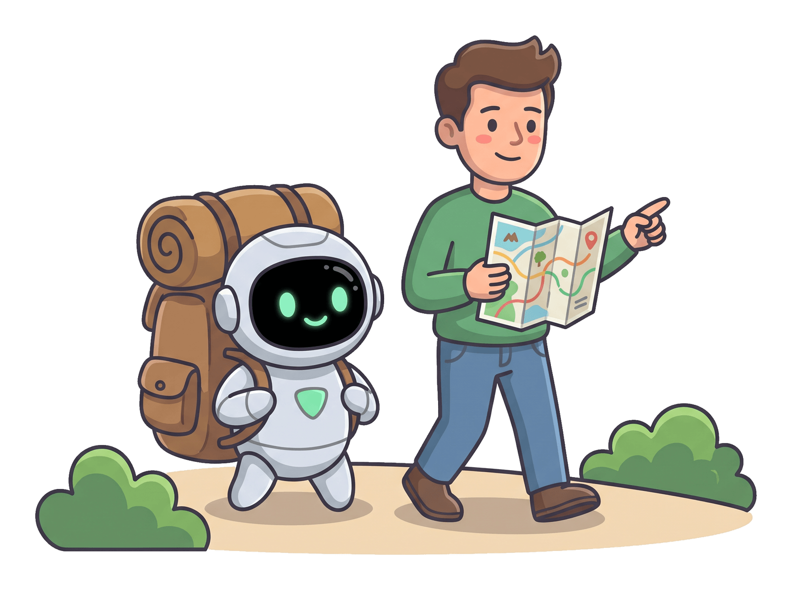 The man and the robot walking a path together, the robot carrying the heavy bag.