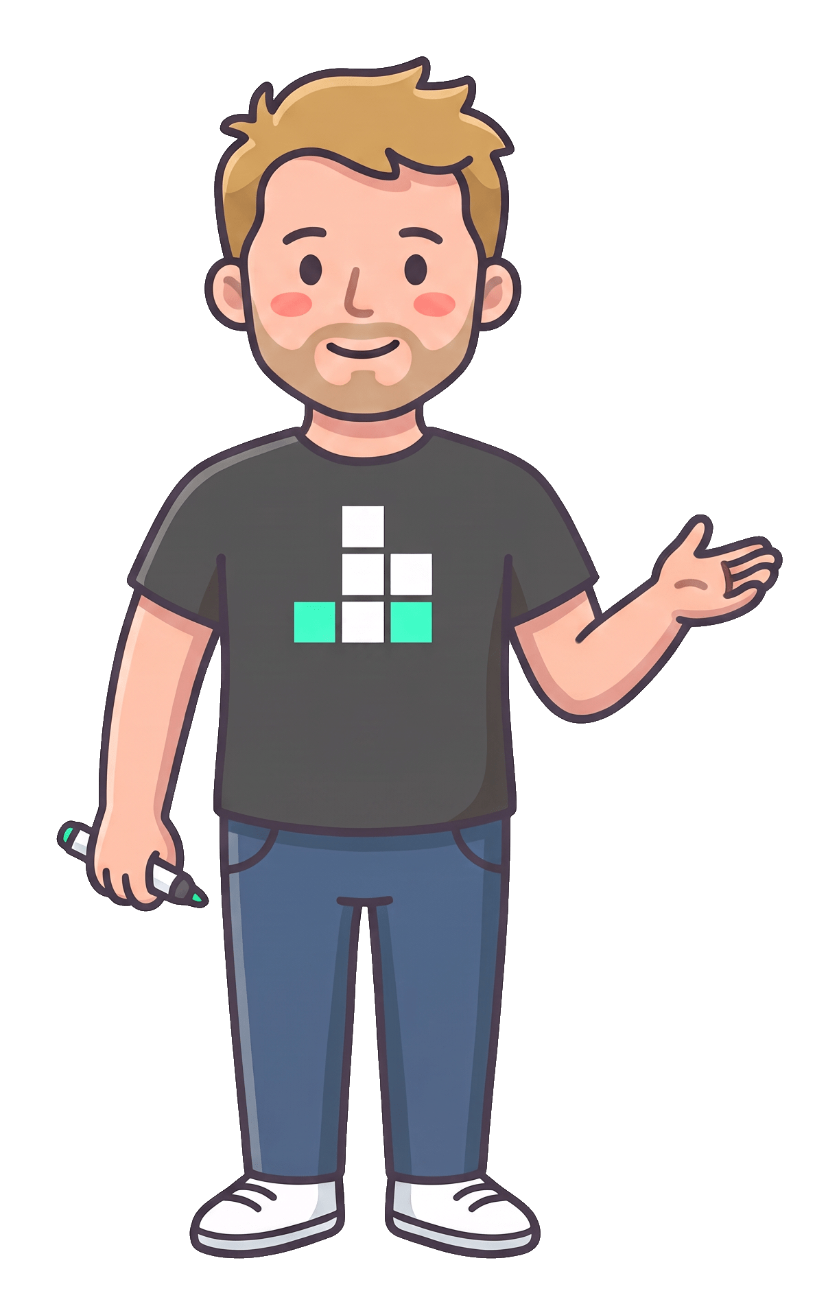 Fin, JIM AI's strategy and training lead, a friendly cartoon man in a JIM t-shirt holding a marker pen.
