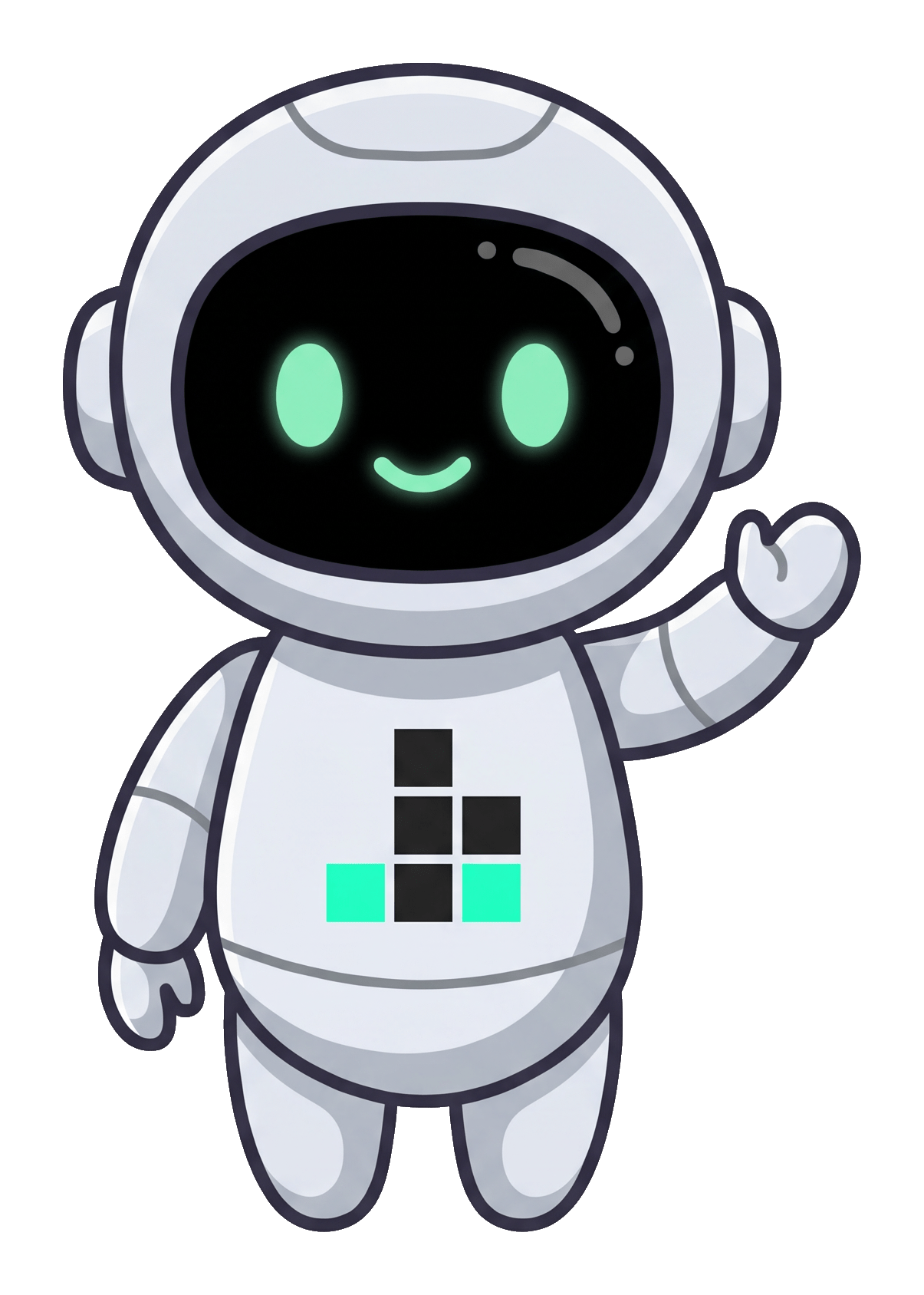 Jim, JIM AI's small white robot, waving.