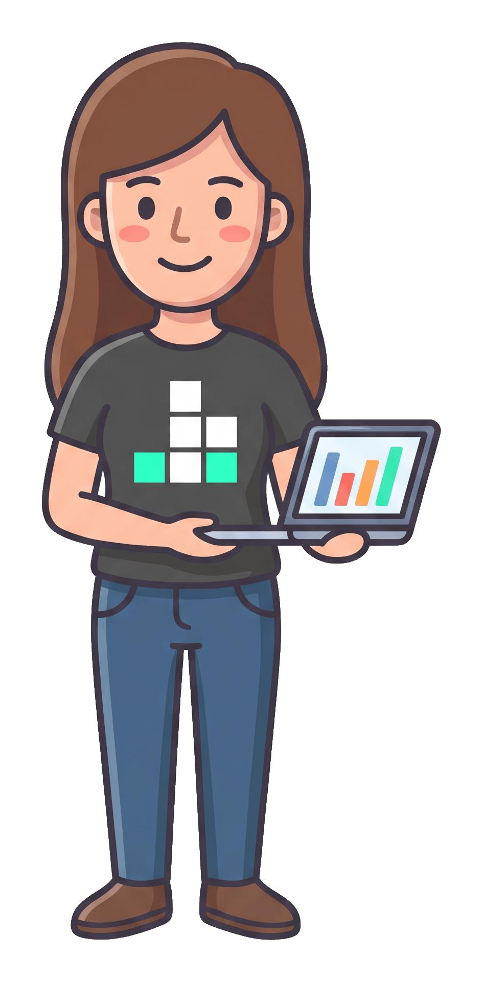Kim, who builds JIM AI's tools, holding a laptop showing a rising chart.