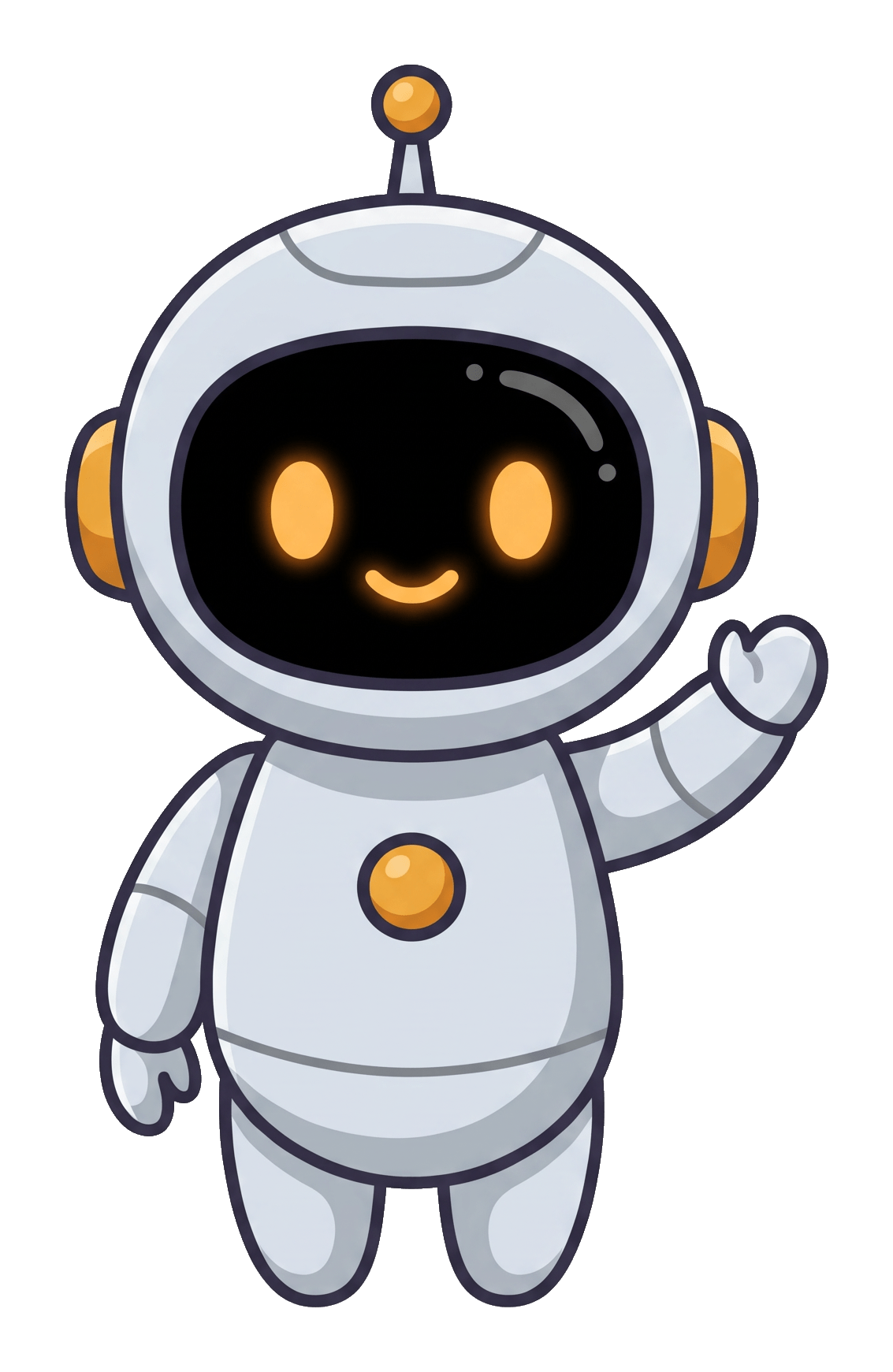 Kit, the client's own robot, with amber eyes and a small antenna, waving.