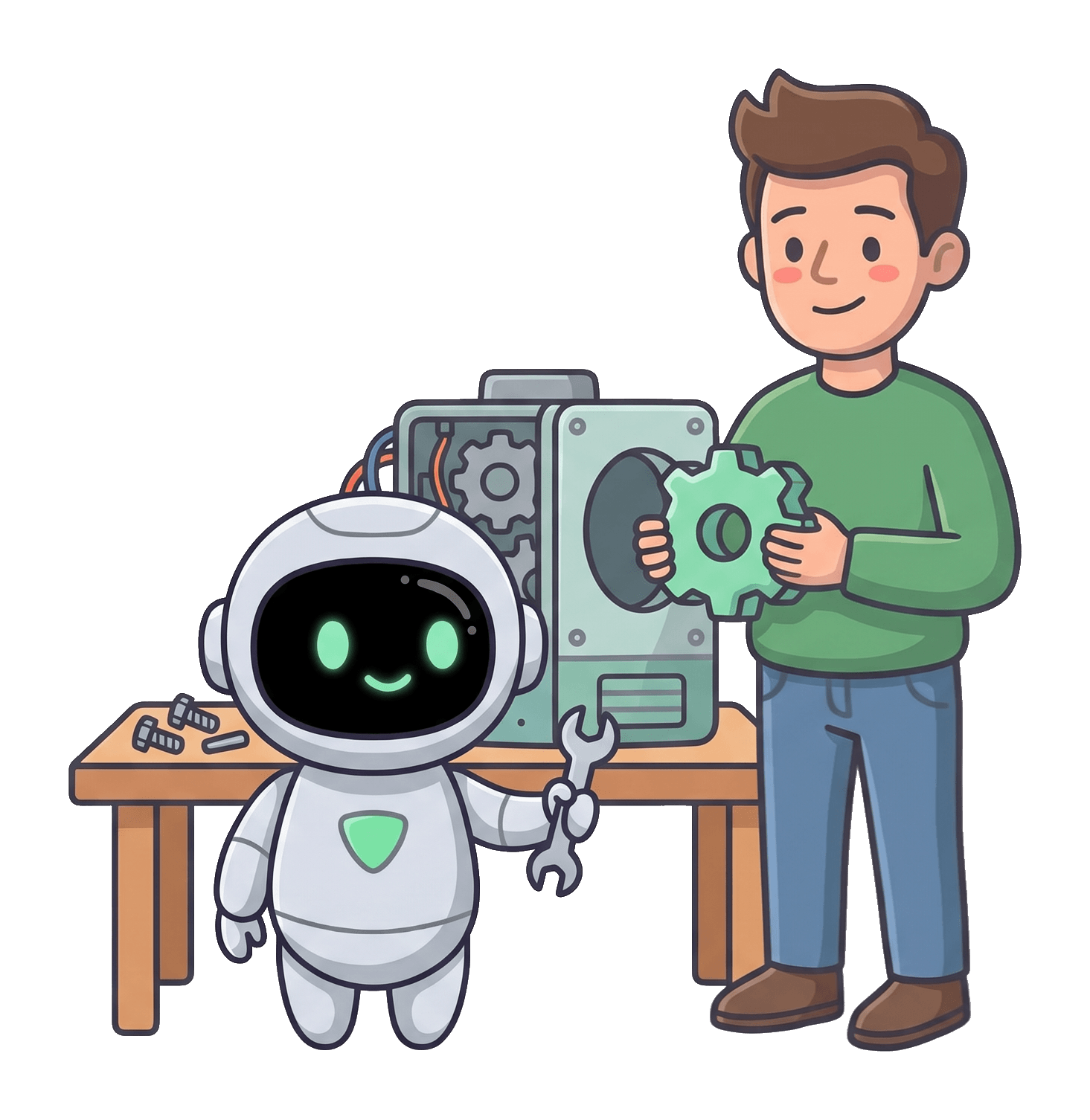 The robot assembling a tool on a workbench while the man checks the fit.