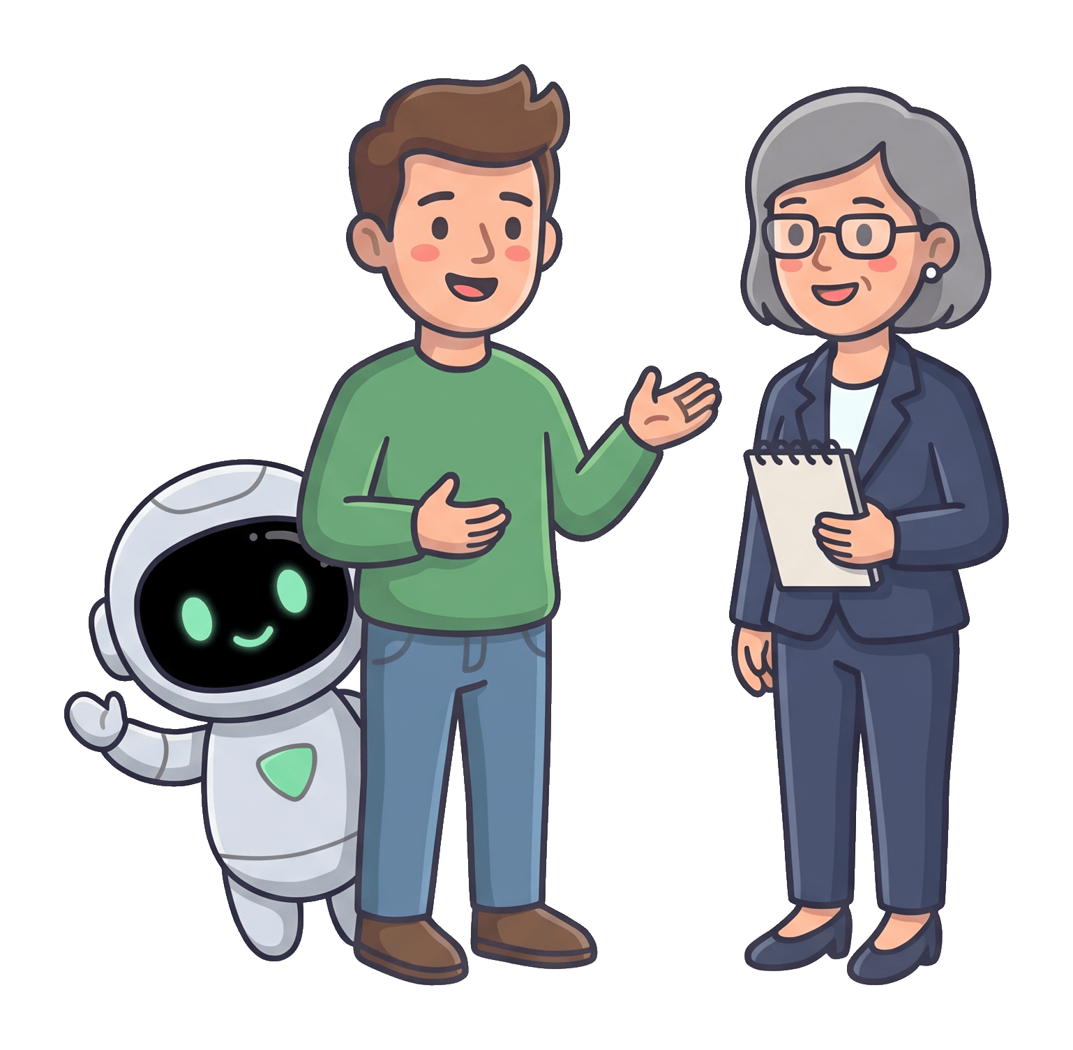 The robot waving from behind the man, who is mid-conversation with a client.