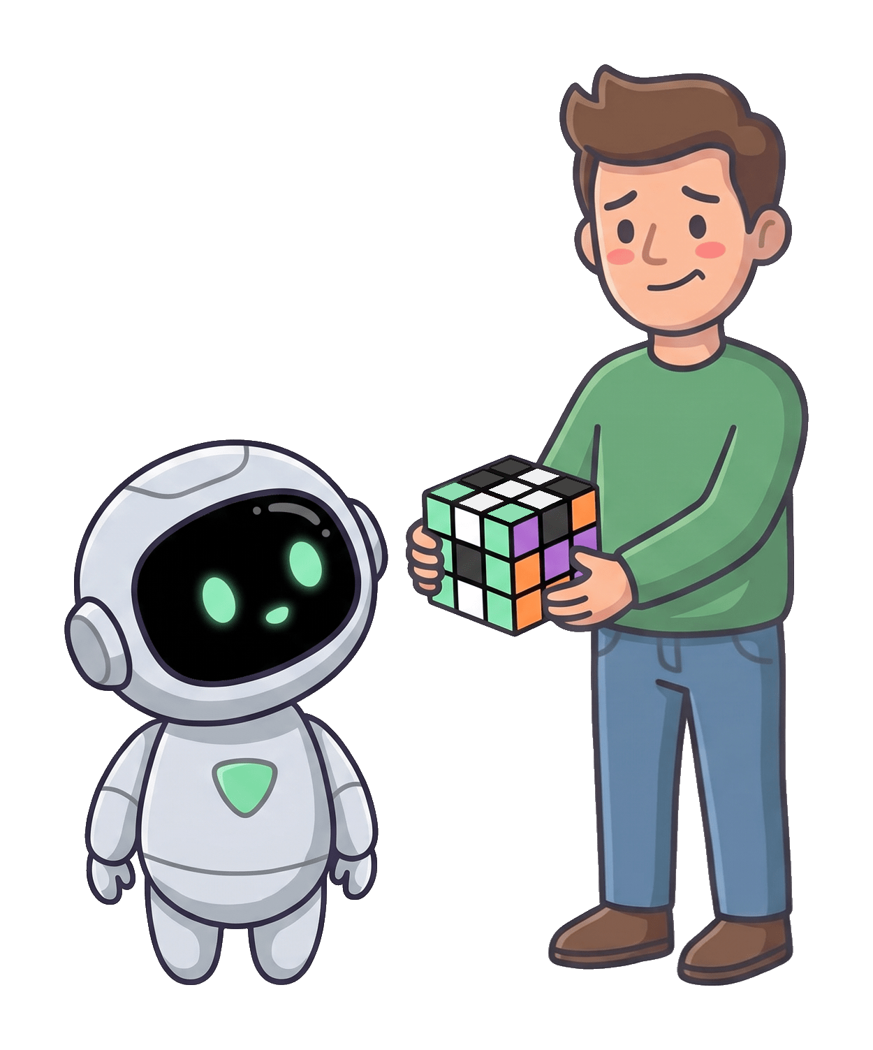 A man in a green jumper holds out a scrambled Rubik's cube to the small robot. Its top face shows the JIM AI logo.