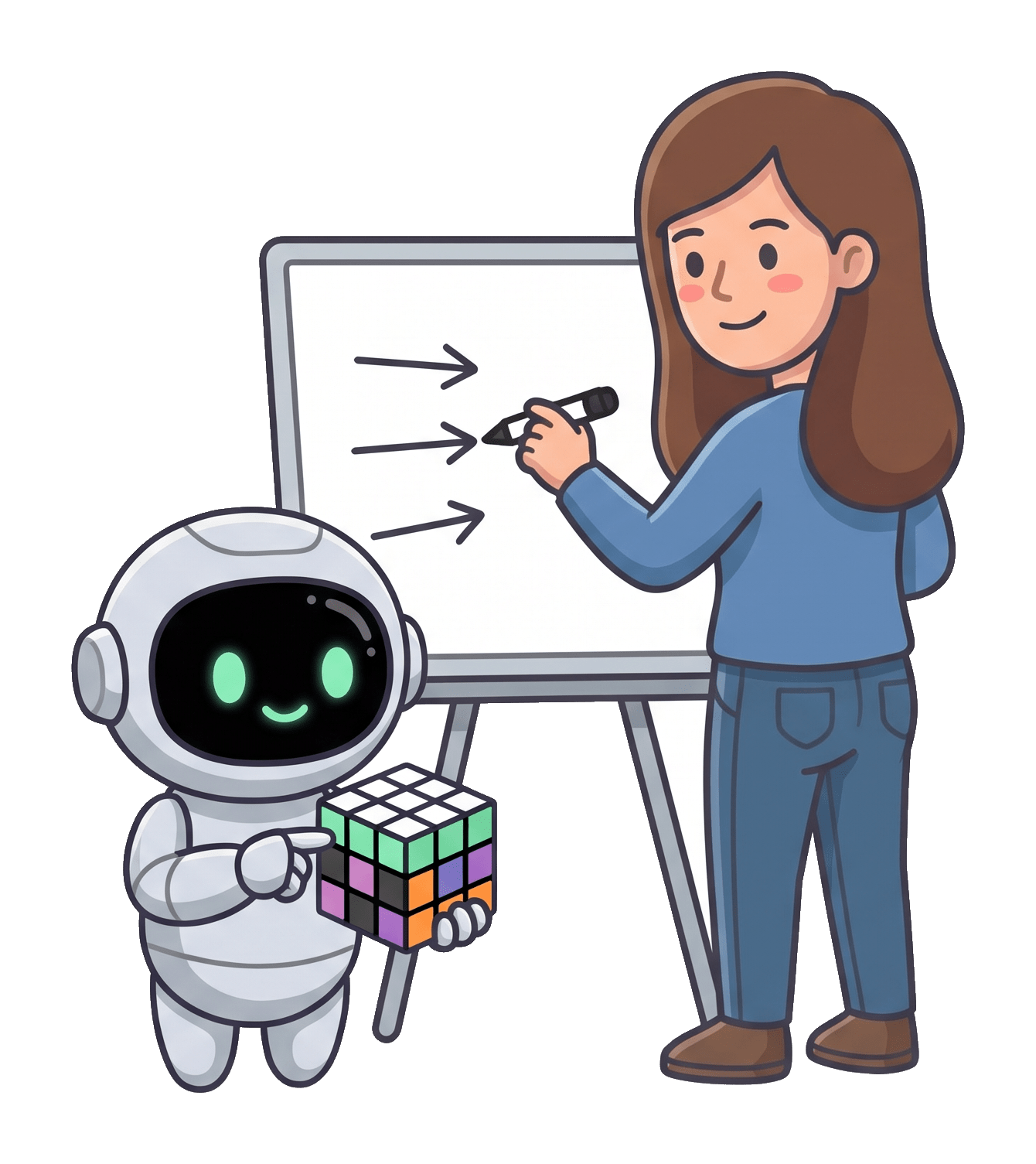 A woman sketches a plan on a whiteboard while the robot holds up the half solved cube.