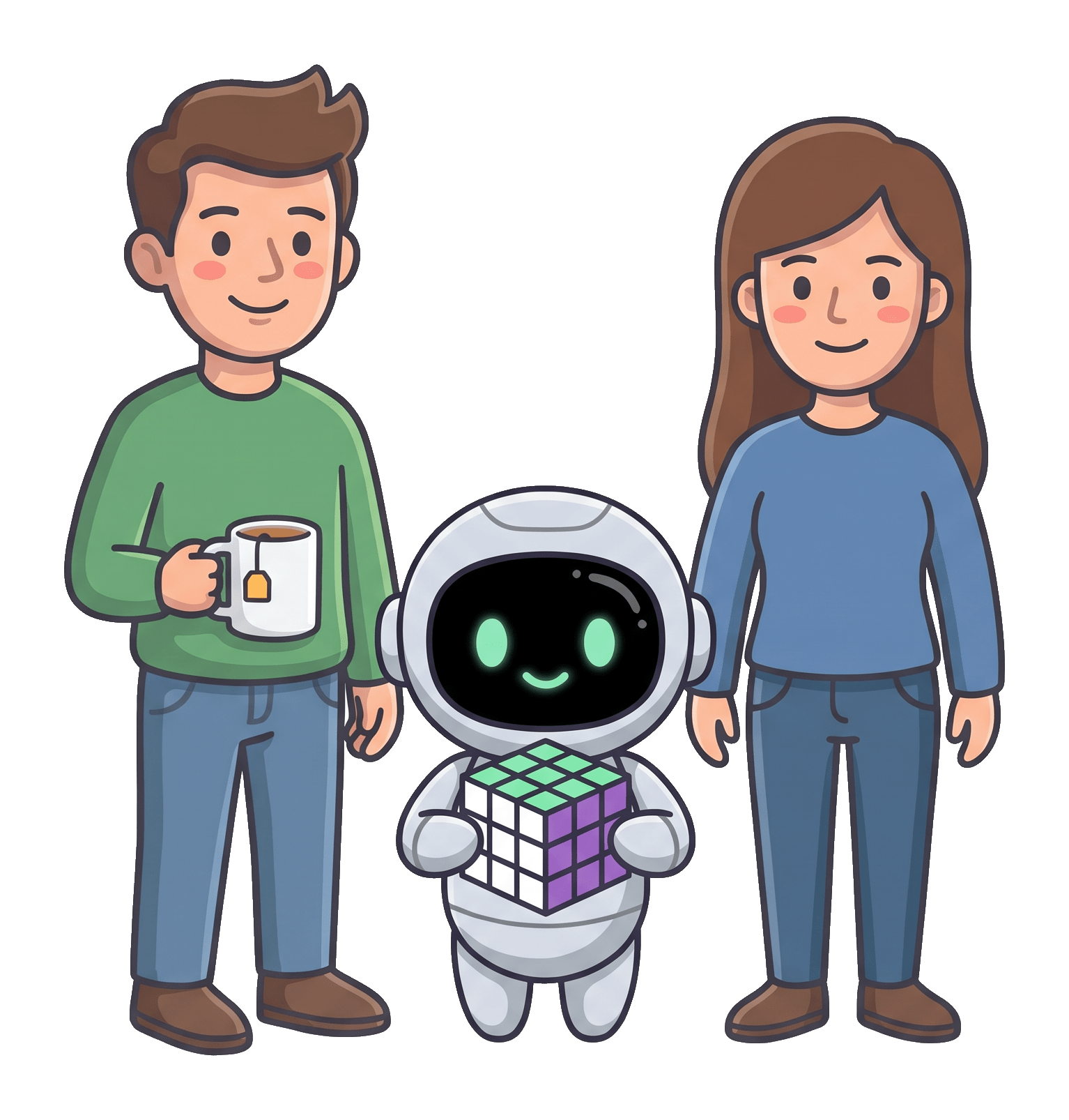 The robot holds the solved cube between the man and the woman, both smiling.