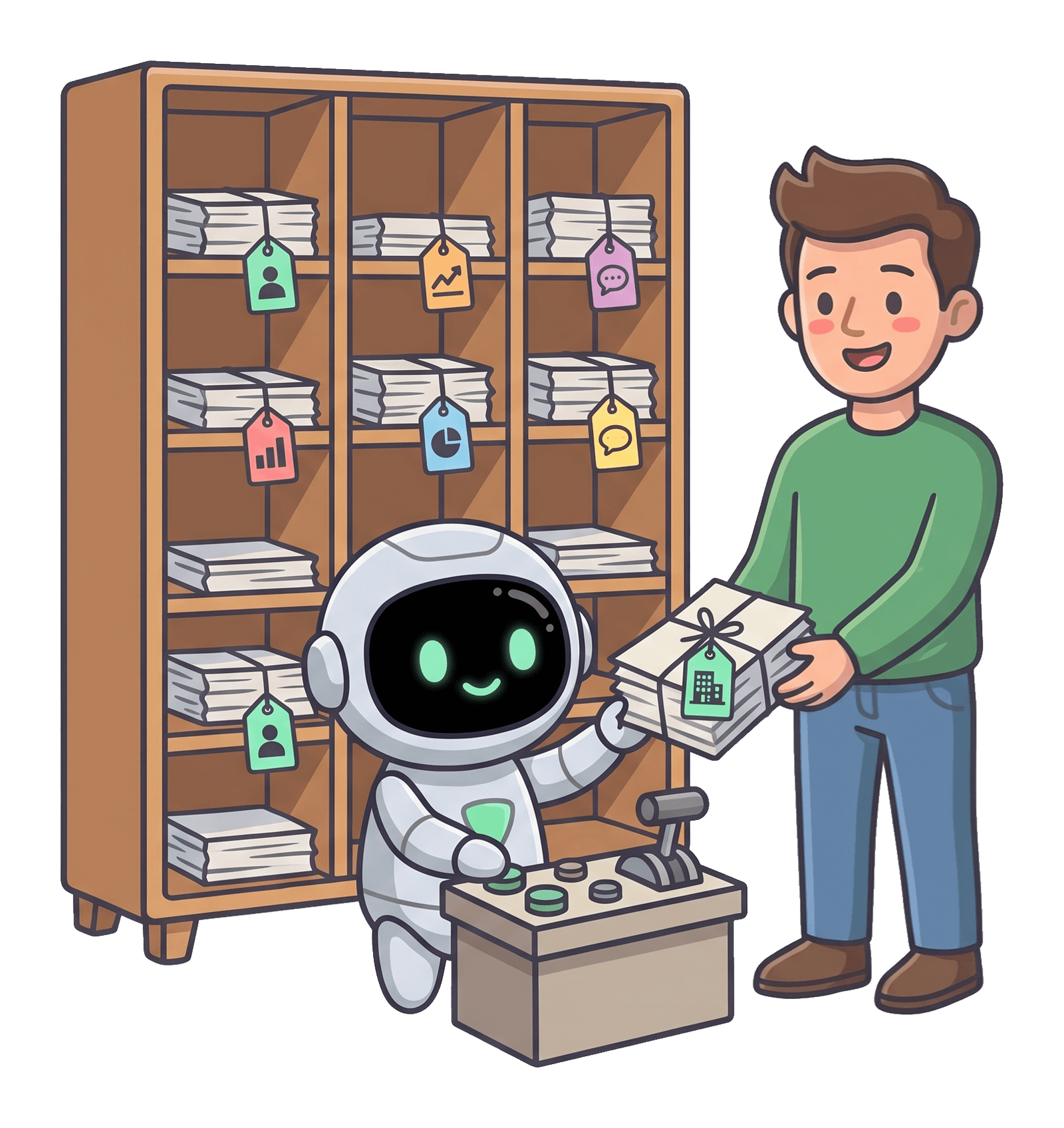 The robot at a control desk, selecting one labelled bundle from a wall of them and passing it to the man.