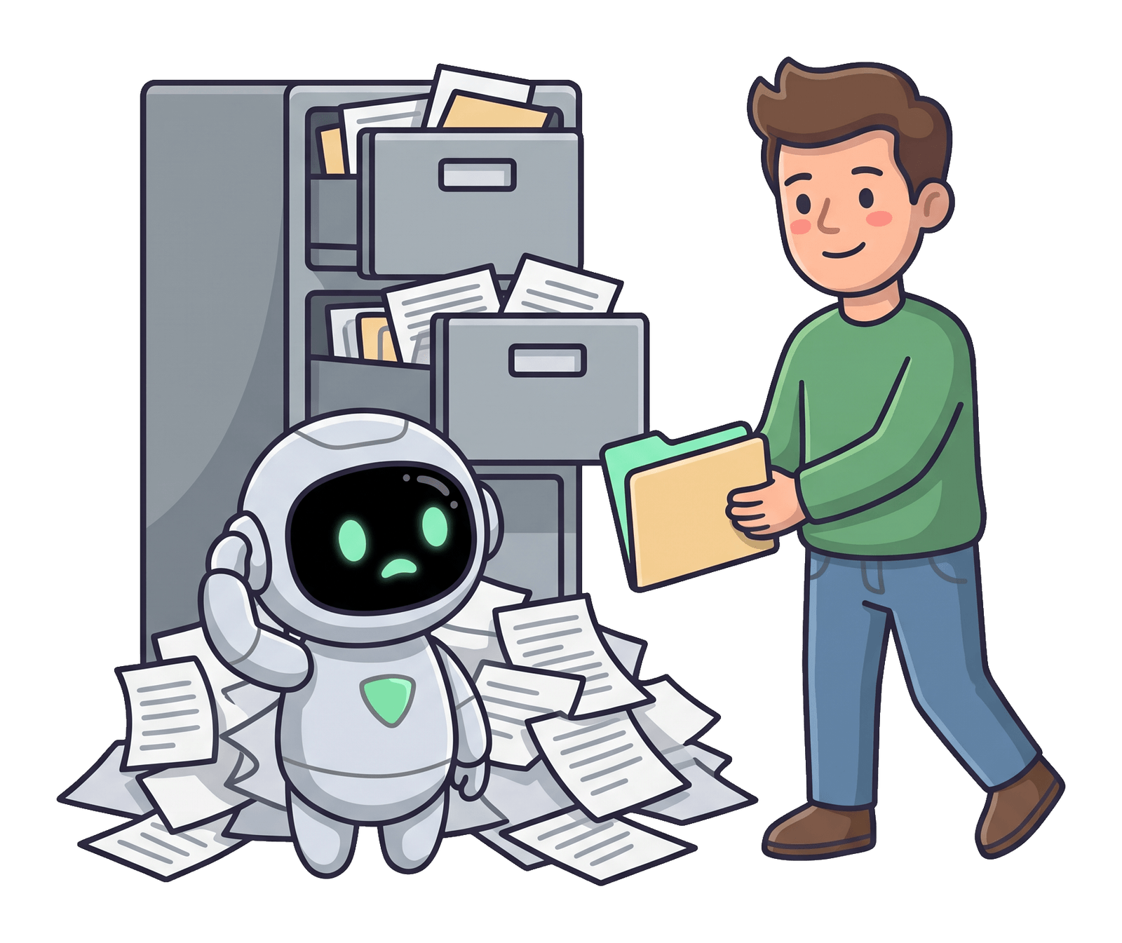 The robot scratching its head in front of an overflowing filing cabinet, surrounded by loose papers, while the man walks over holding out one neat folder.