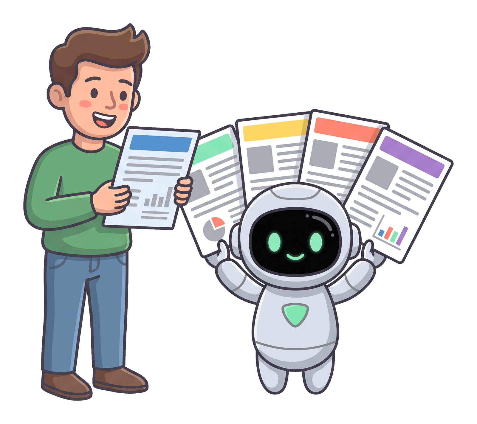 The robot handing the man a stack of tailored documents, each one different, each one on-brand.