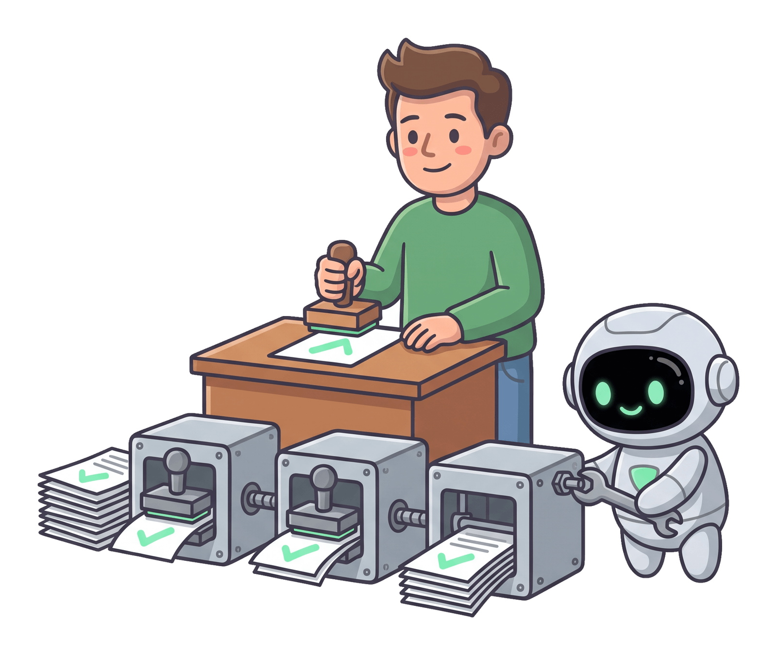 The man showing the robot how he does a task, while the robot builds a row of small machines that each do it the same way.