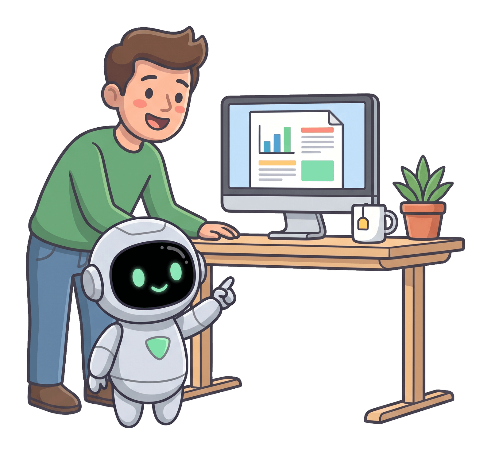 The man at his own desk with the robot beside him, working through the real task on his screen together.