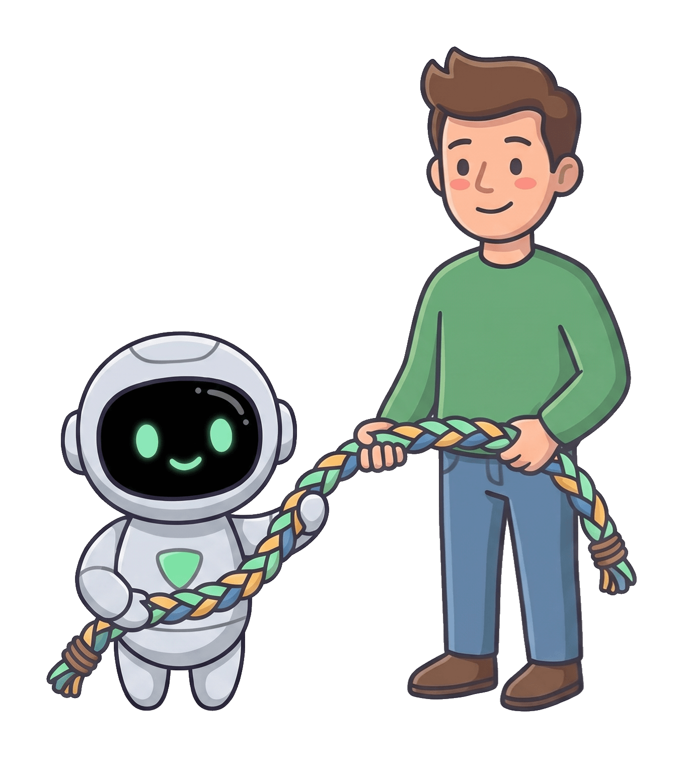 The man and the robot each holding one end of the same plan, the strands of it braided together.