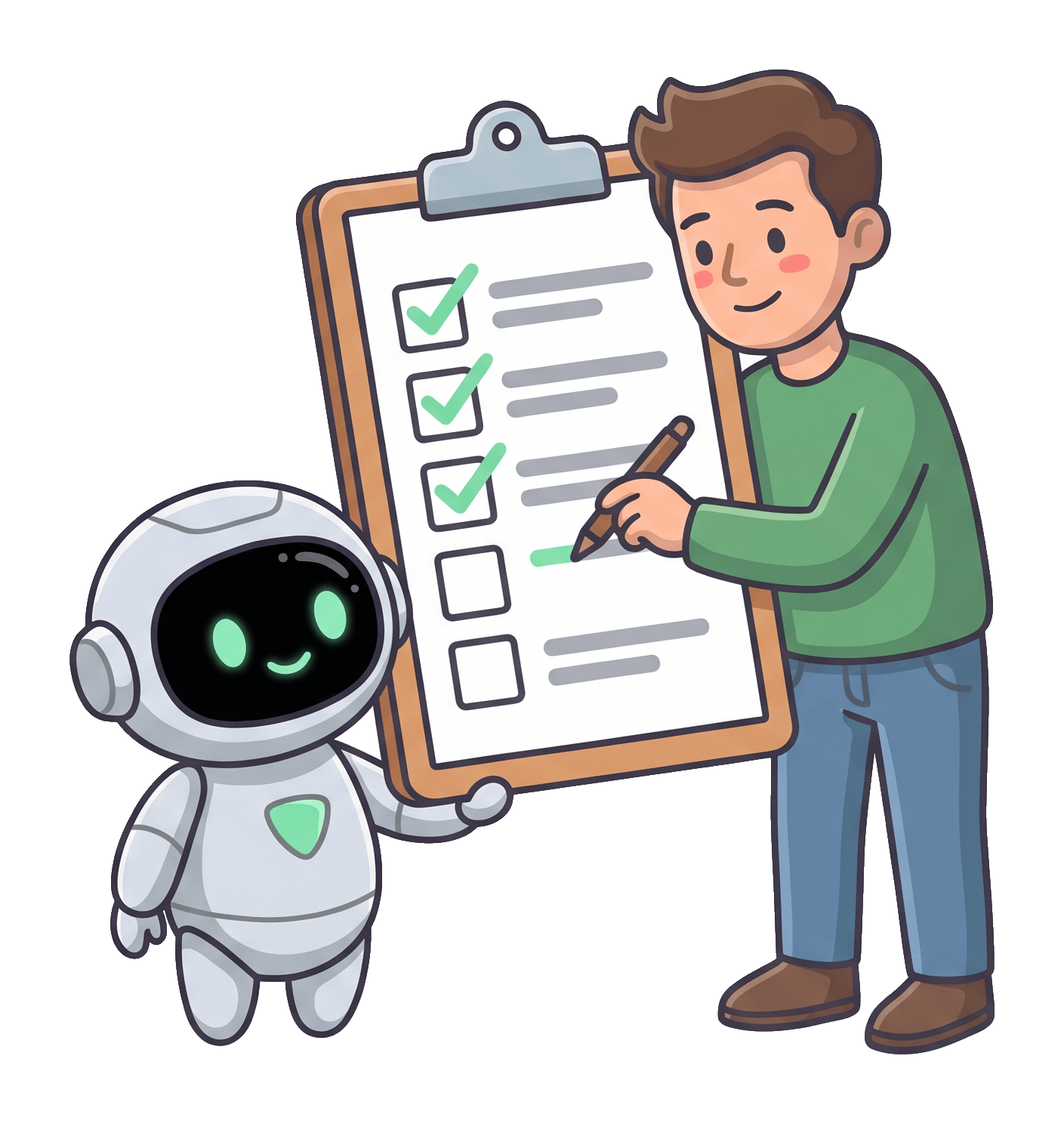 The robot holding up a clipboard while the man ticks boxes on it.
