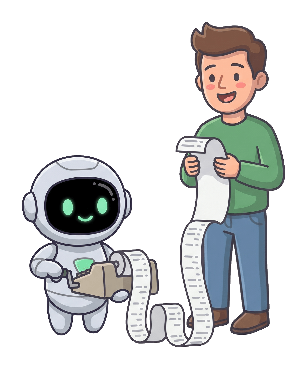 The robot working an old-fashioned adding machine while the man reads the printed tape.