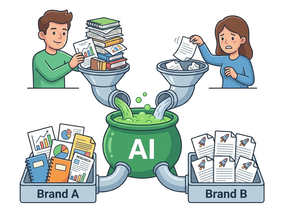 Two people feeding a pot labelled AI: one pours in books and research for Brand A, the other tips in scraps, and Brand B gets a pile of identical rocket posts.