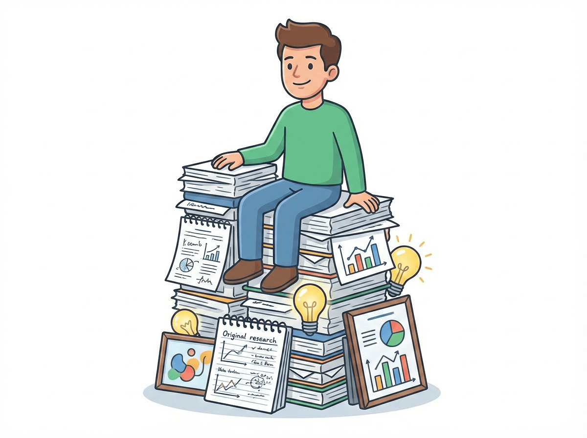 The JIM AI man sitting on top of a tall pile of reports, original research and charts.