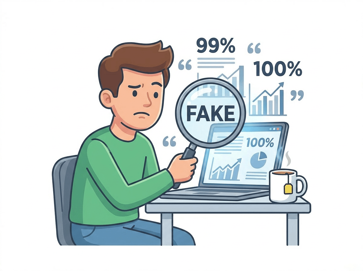 The JIM AI man frowning through a magnifying glass at a laptop full of charts and percentages, the word fake under the lens.