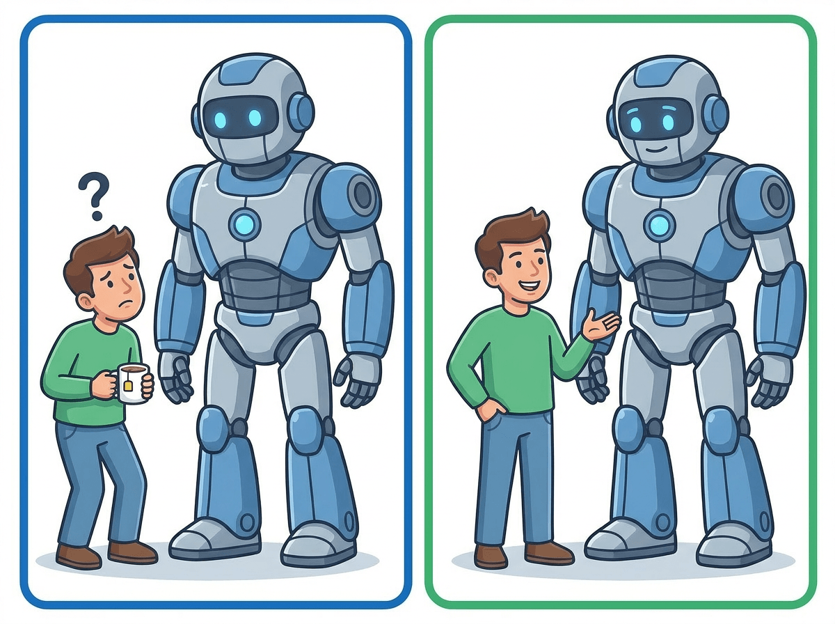 Two panels: the JIM AI man confused beside a giant robot, then the same man chatting comfortably with it.