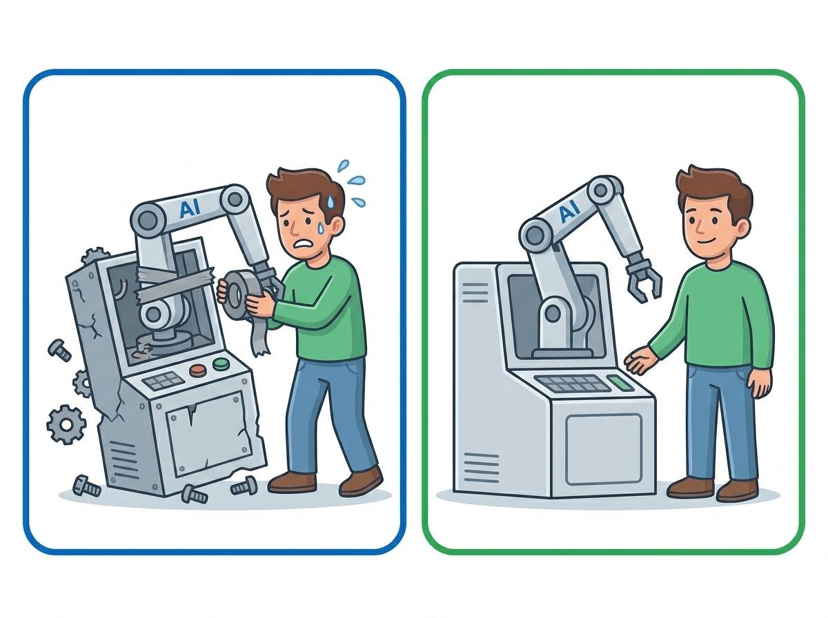 Two panels: the JIM AI man taping up a broken machine with an AI arm, then standing calmly beside a tidy, working one.