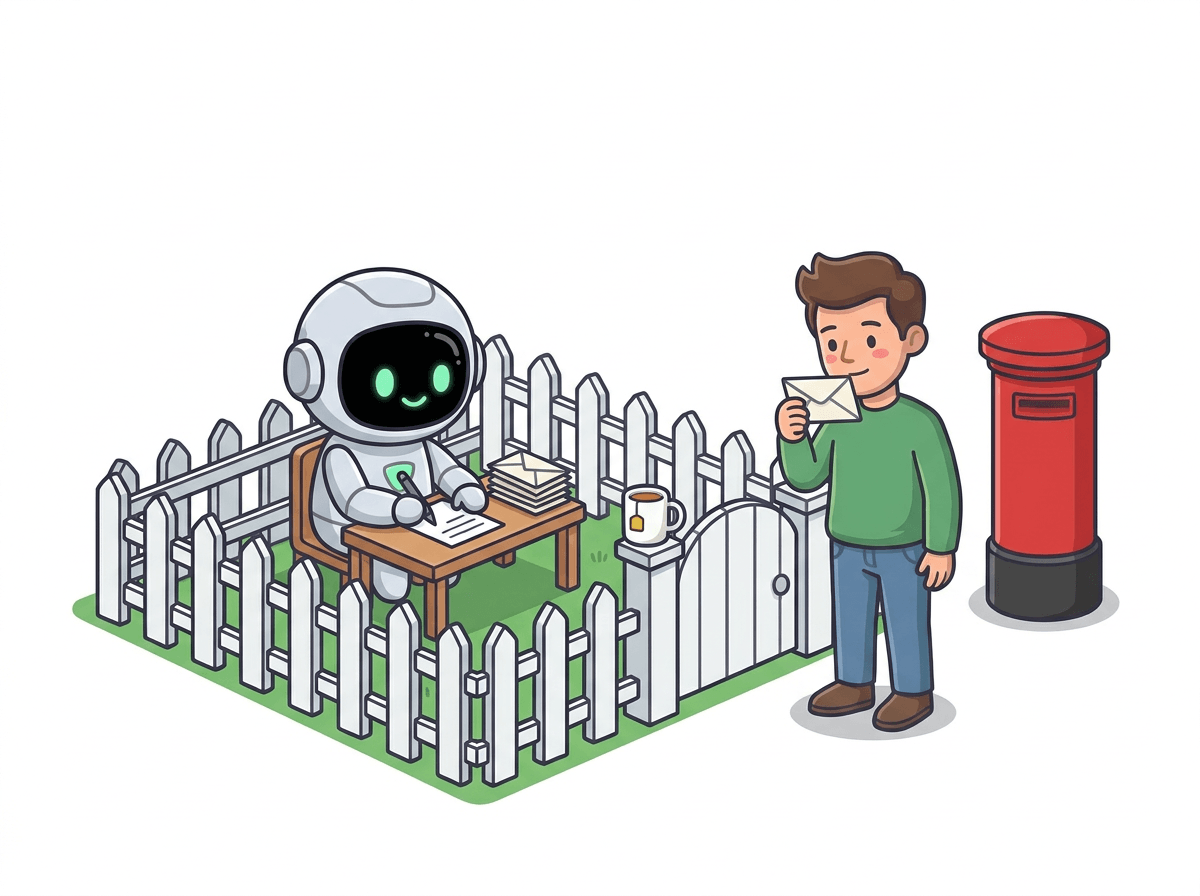Jim the robot happily writing letters at a little desk inside a low white picket fence, while the JIM AI man stands outside it by a postbox, reading one before he sends it.