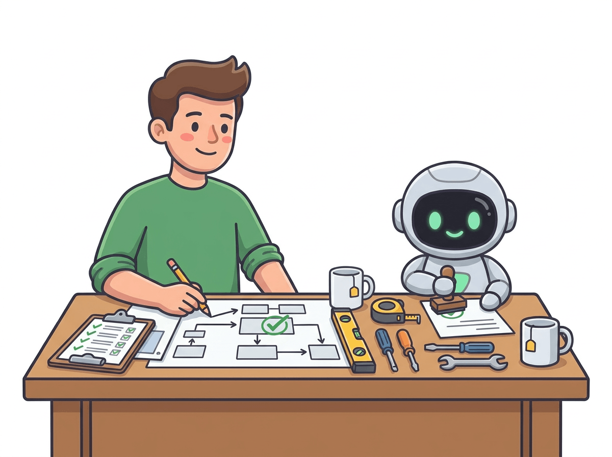 The JIM AI man drawing a flowchart at a workbench covered in a binder, a ticked checklist, a spirit level and tools, while Jim waits at the end of the bench.