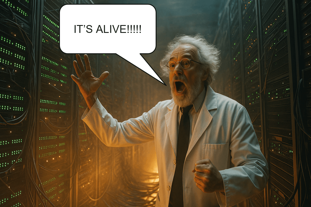 A wild-haired scientist in a lab coat shouting "It's alive!" in a server room.