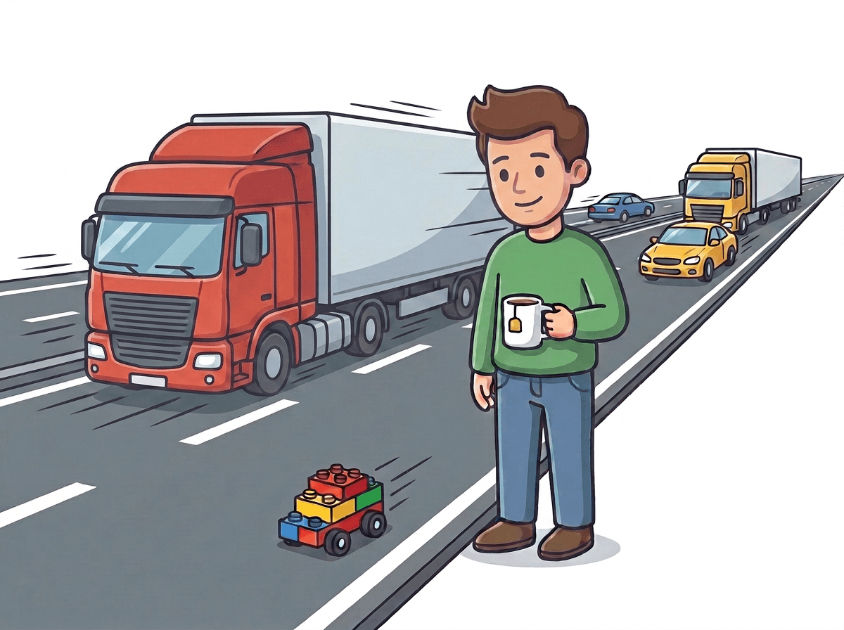 The JIM AI man with his tea, standing on a motorway beside a toy car made of building bricks while lorries and cars speed past.