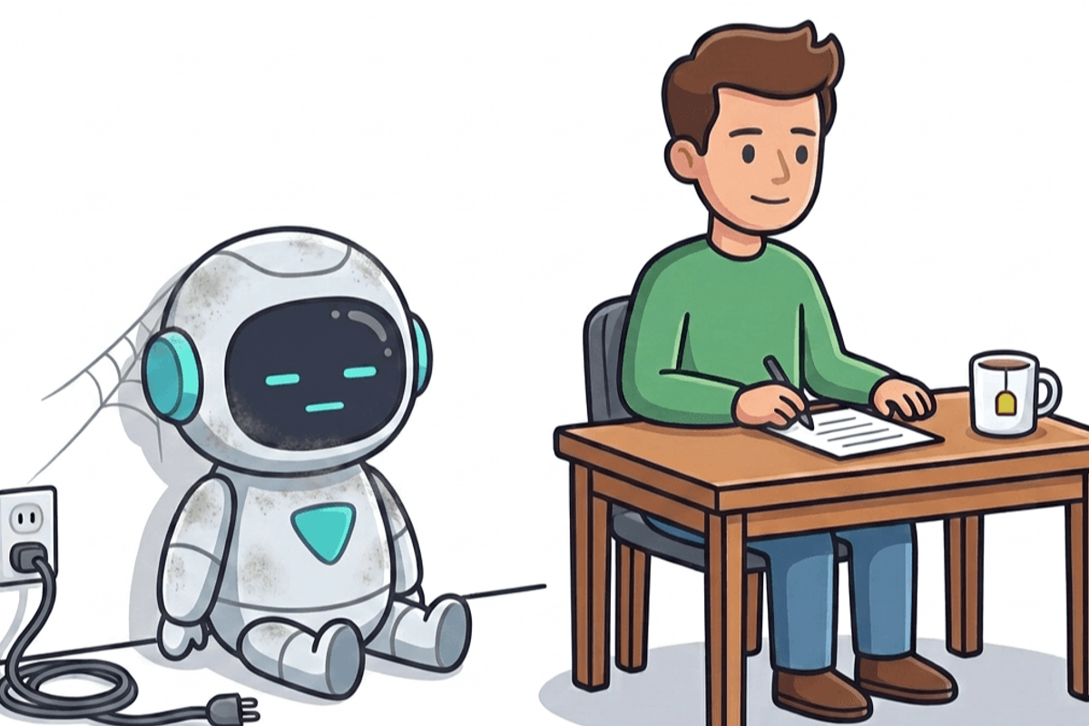 A friendly robot sits switched off and gathering cobwebs by the wall socket while the JIM AI man works at his desk with a mug of tea.