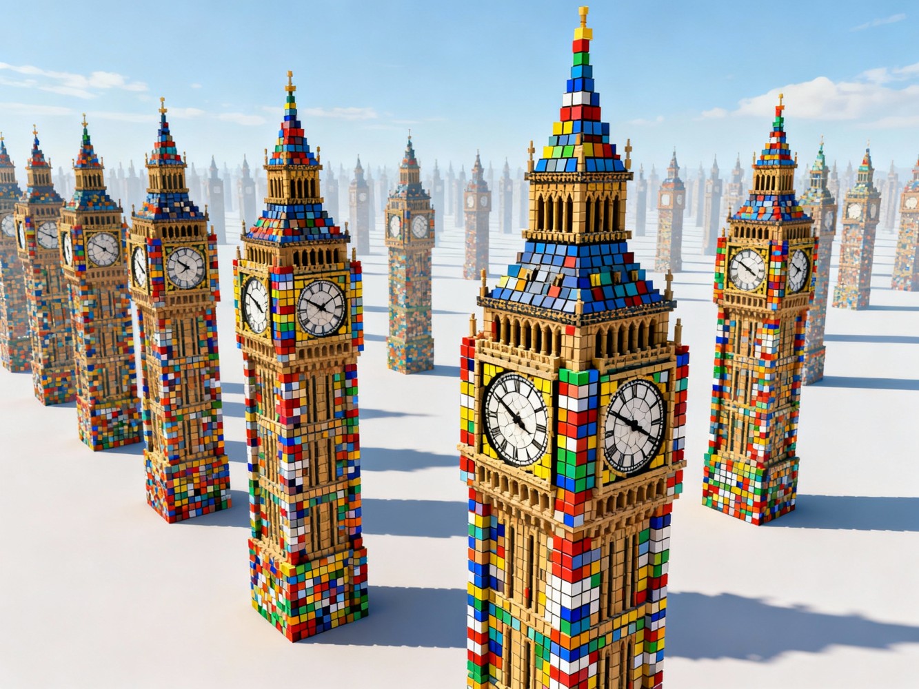Rows of Big Ben towers built from Rubik's cubes stretching into the distance.